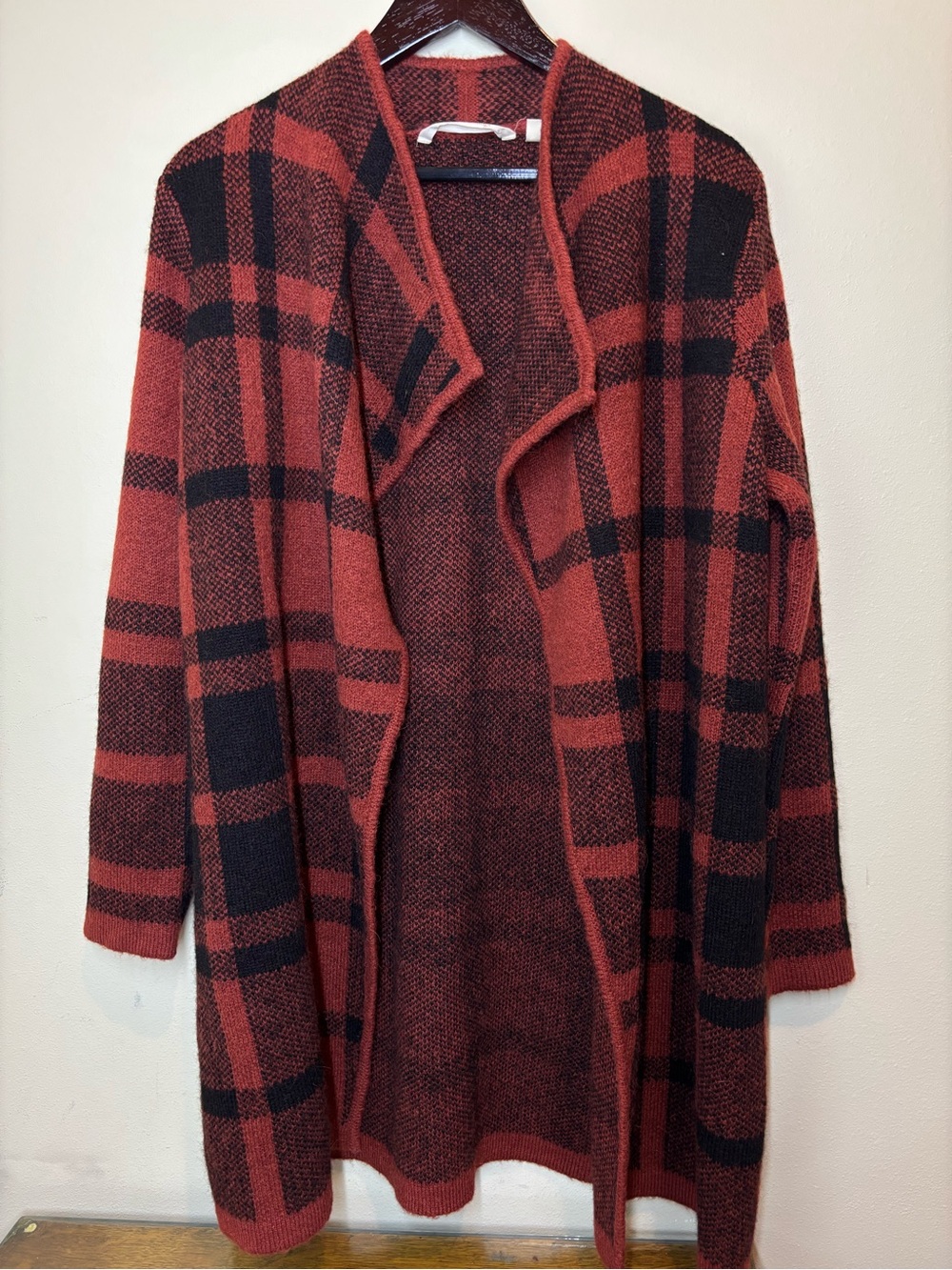 Soft Surroundings Open-Front Plaid Knit Cardigan Sweater alpaca/wool blend, M